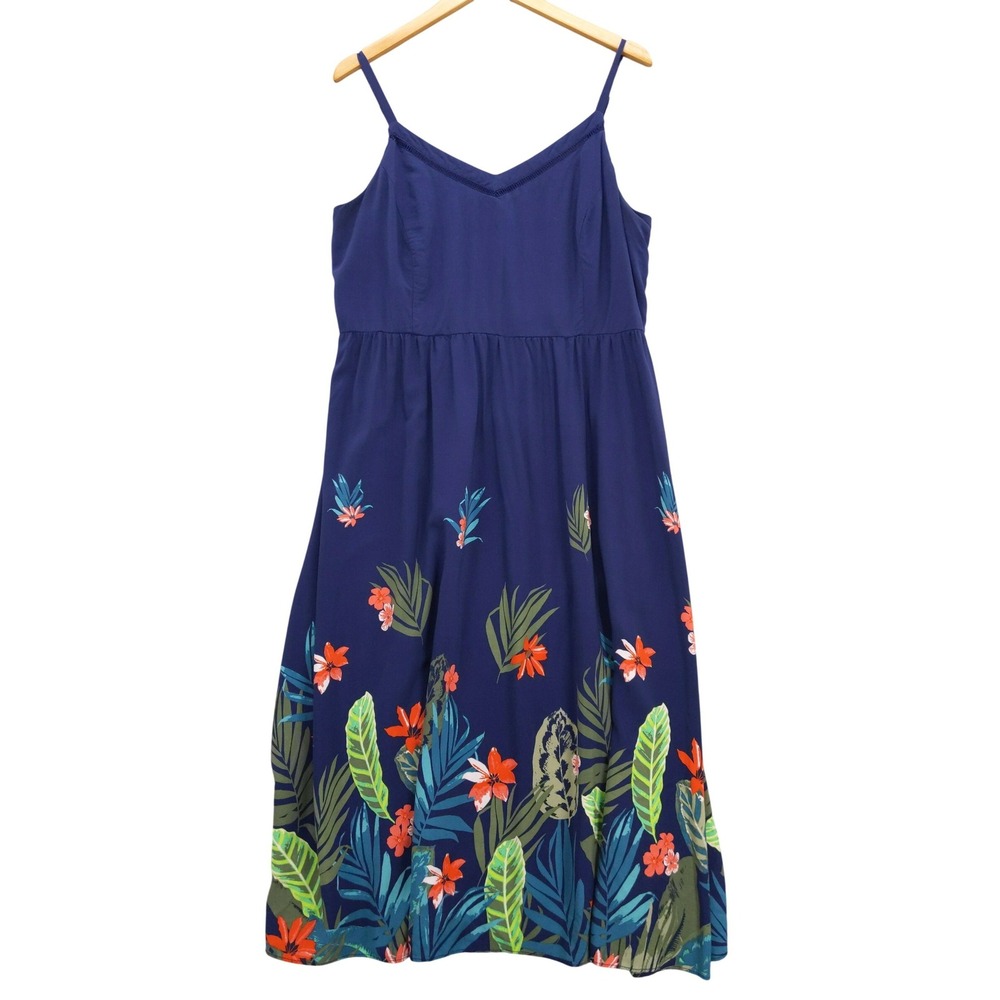Old Navy Cami Dress Women XL Blue Tropical Floral Smocked Back Midi Rayon